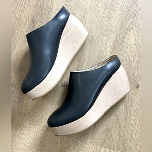 Sydney Brown Black Leather Wedge Mules - Great Condition!